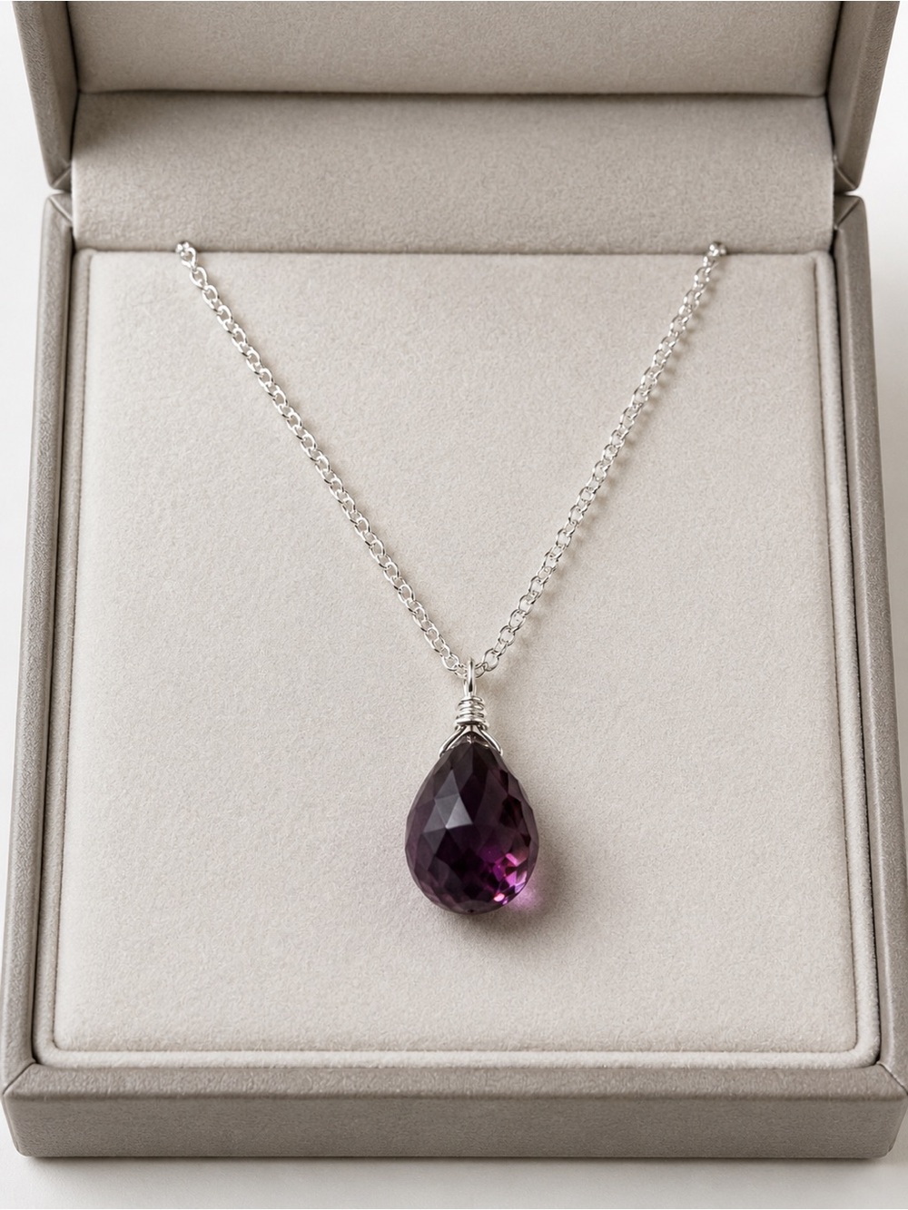 Amethyst Pendant Necklace 16” Silver Tone Chain